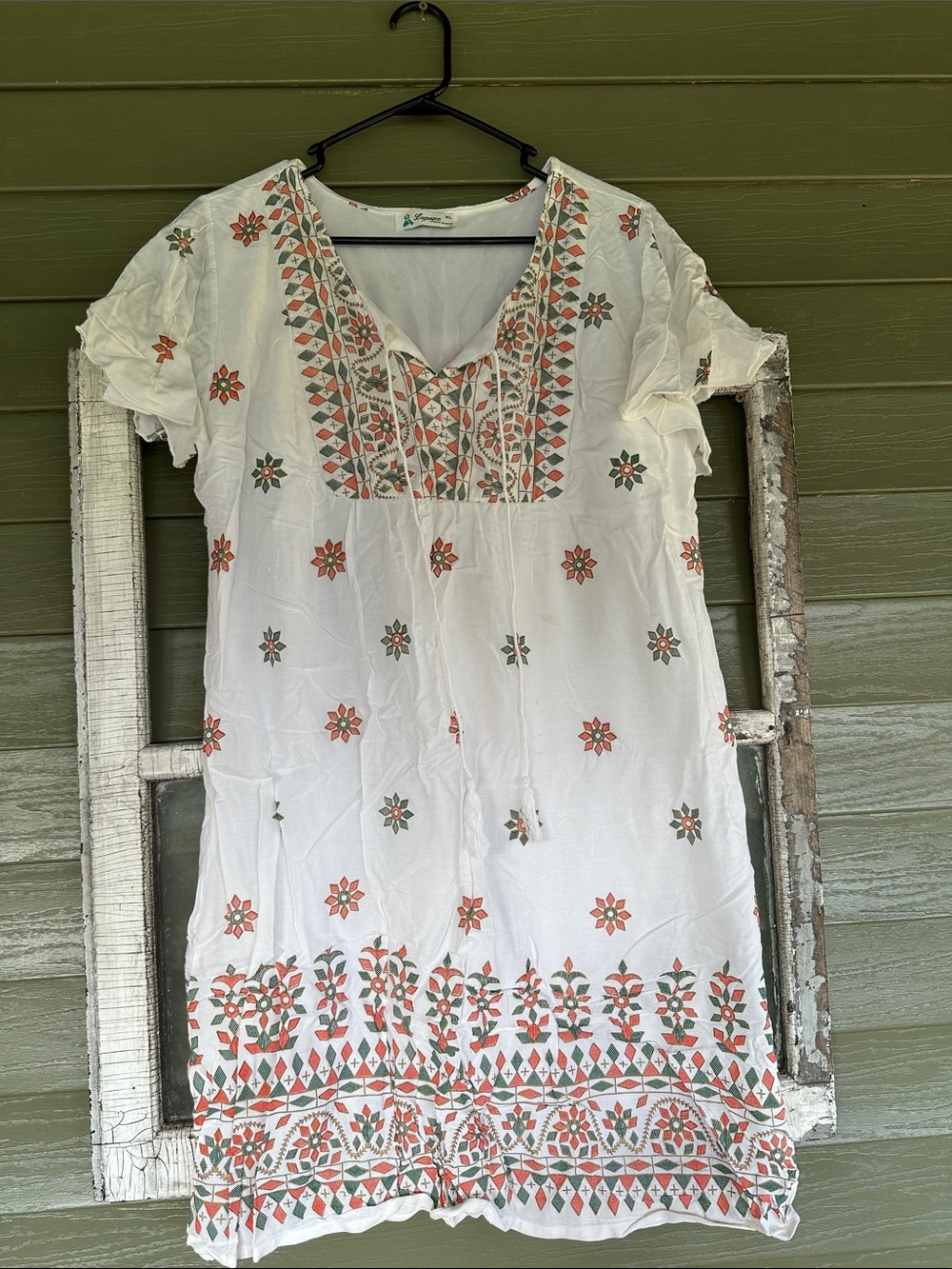 Boho White Embroidered Tunic with Coral & Olive Floral Accents